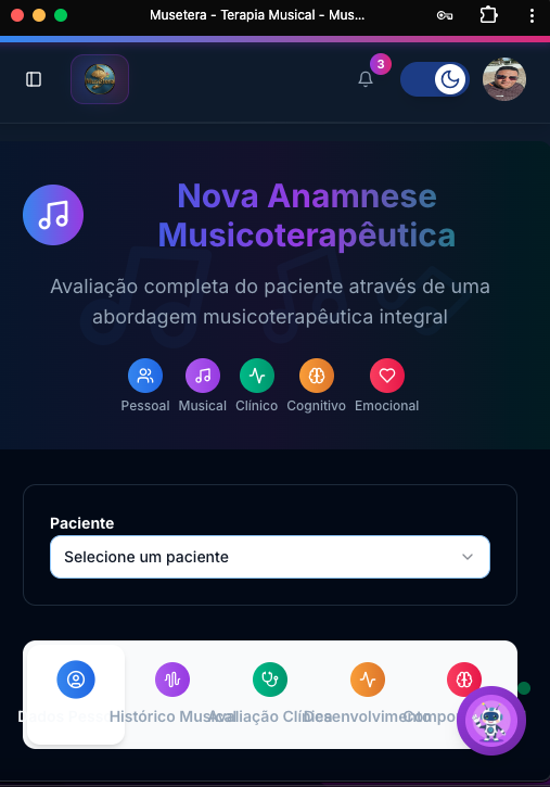 Tela Anamnese do sistema MuseTera