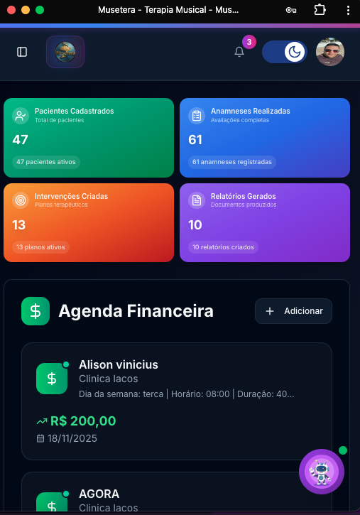 Tela Dashboard do sistema MuseTera